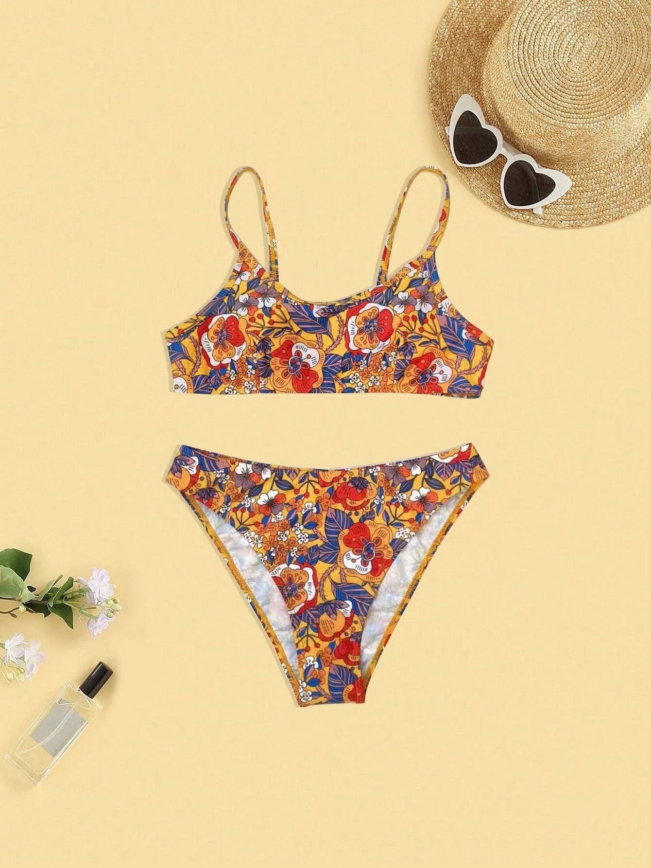 Women's plus size floral print bikini swimsuit with adjustable straps in briefs cut