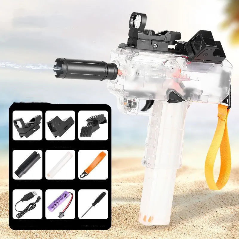 Uzi style electric water gun with transparent blue body, showing tactical accessories including sight and rail.