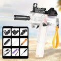 Uzi style electric water gun with transparent blue body, showing tactical accessories including sight and rail.