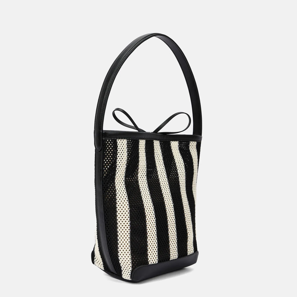 Black and white striped woven fabric women's shoulder bag with bucket shape