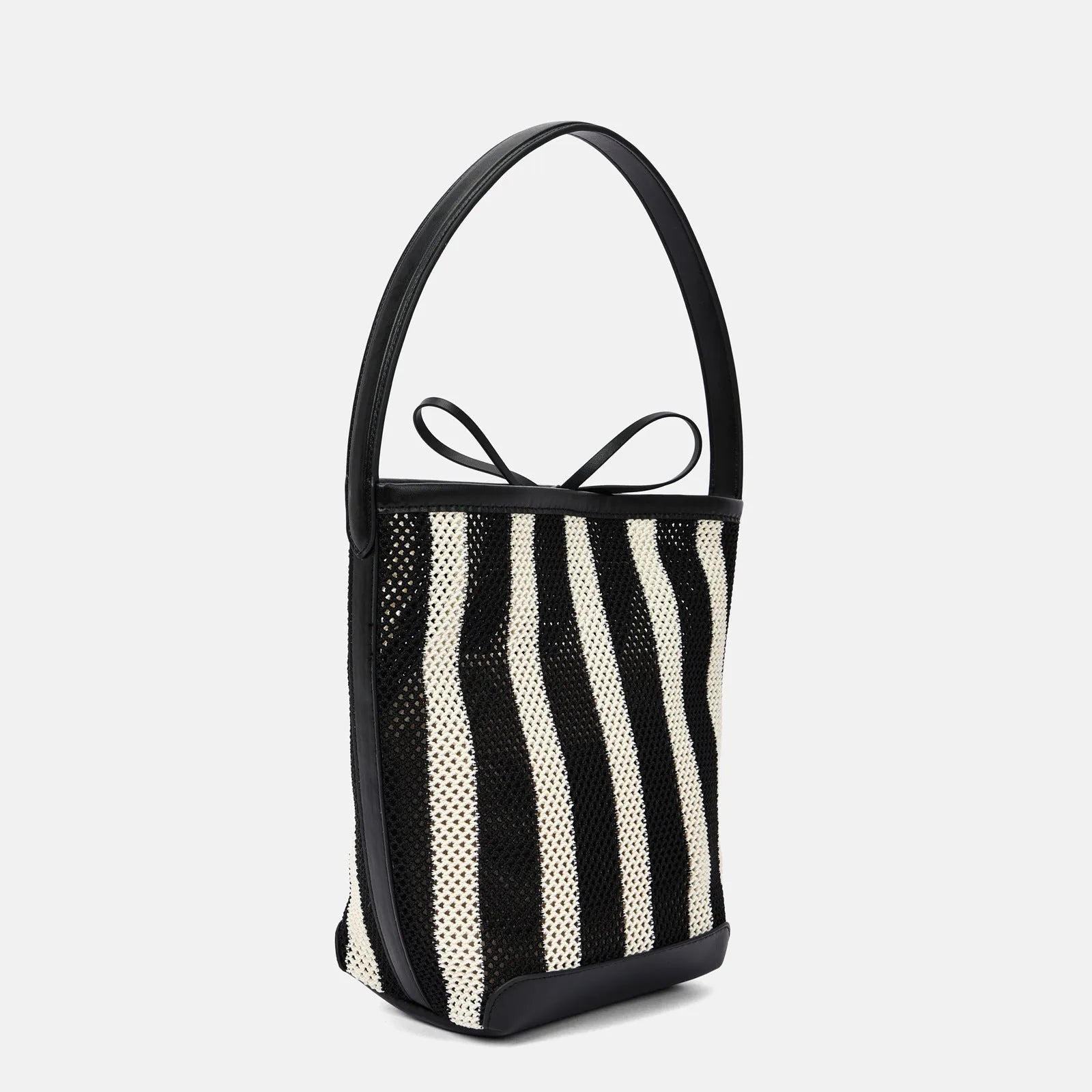 Black and white striped woven fabric women's shoulder bag with bucket shape