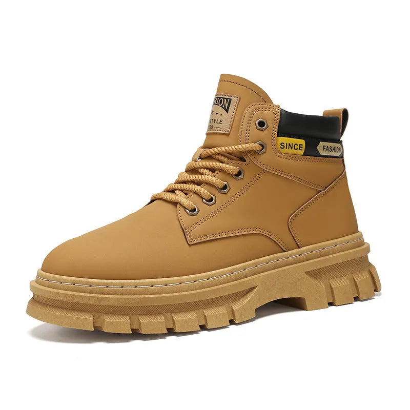 Men's Martin boots with artificial PU leather upper, round toe, and front lace-up closure