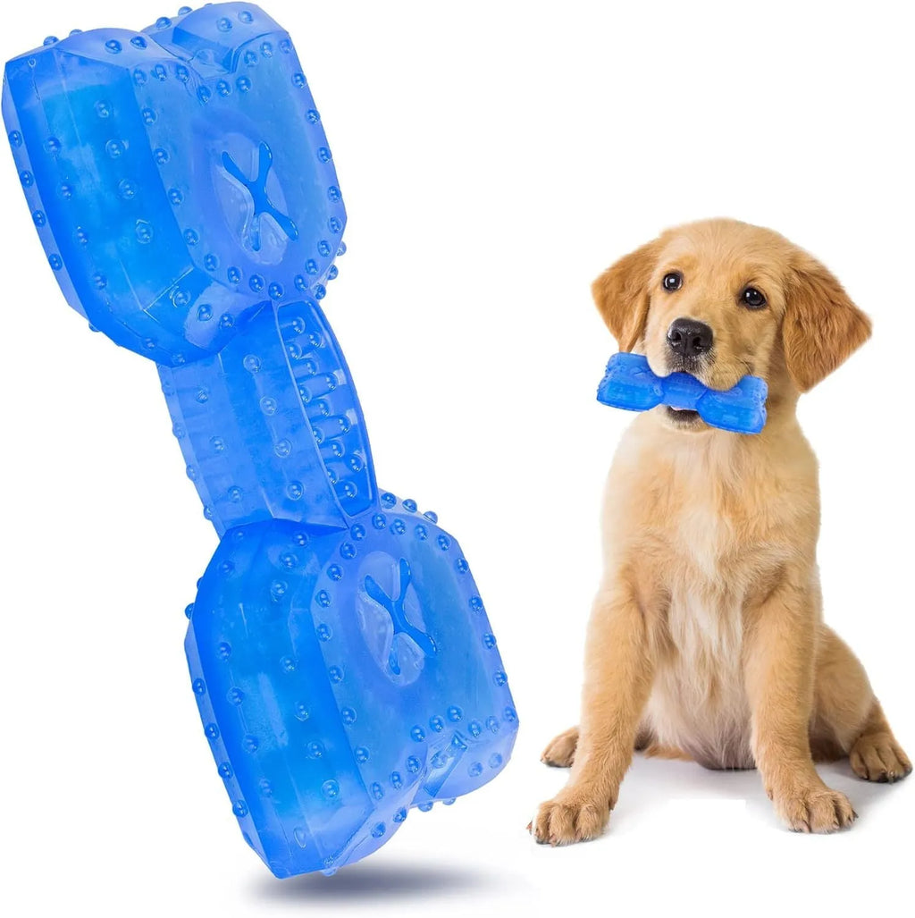 Freezable dog chew toy in bone and circle shapes, non-toxic with cooling water core