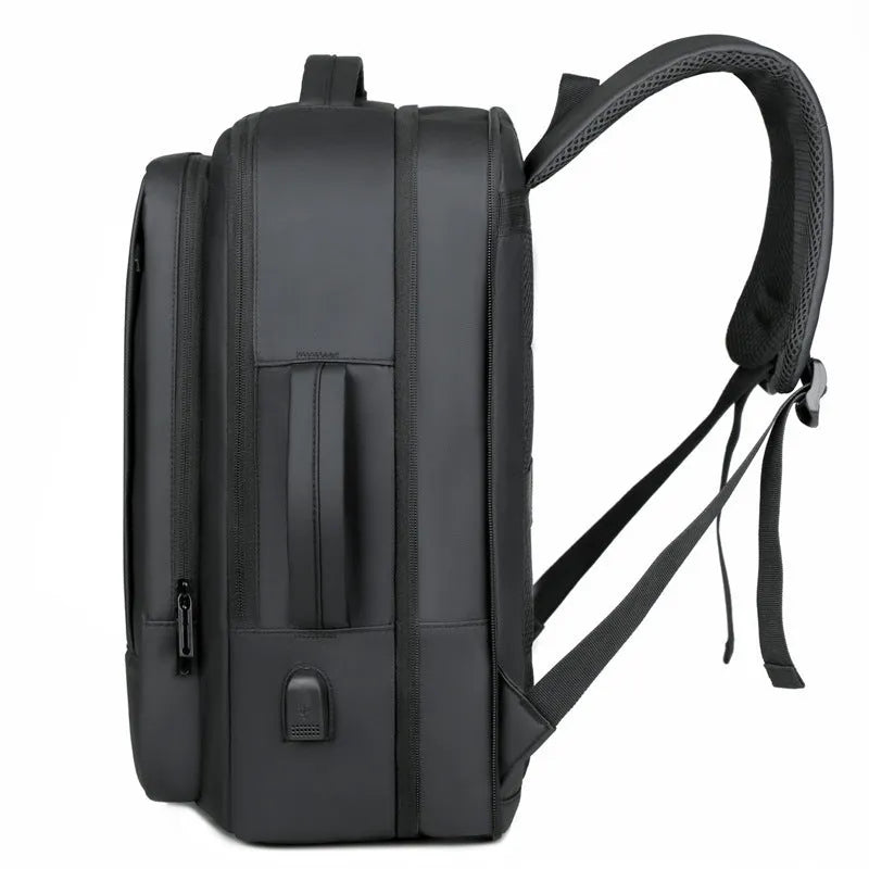 Men's large capacity waterproof backpack in black with curved shoulder straps