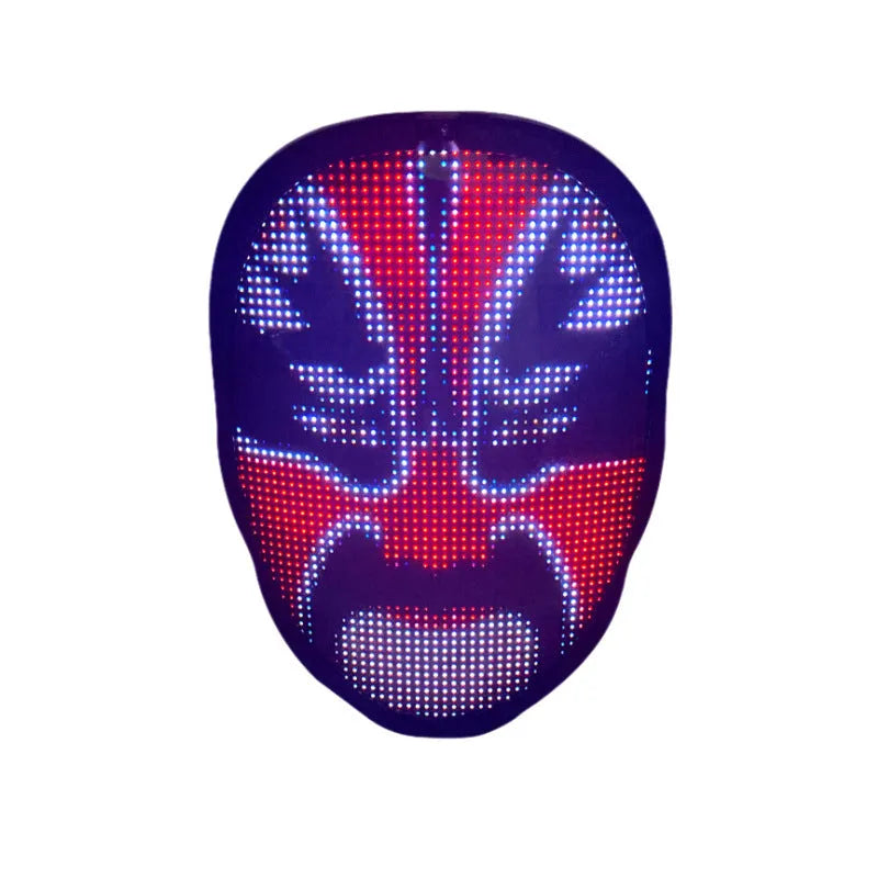 LED luminous face mask with full colour display showing character design, featuring gesture control sensor and comfortable silicone interior