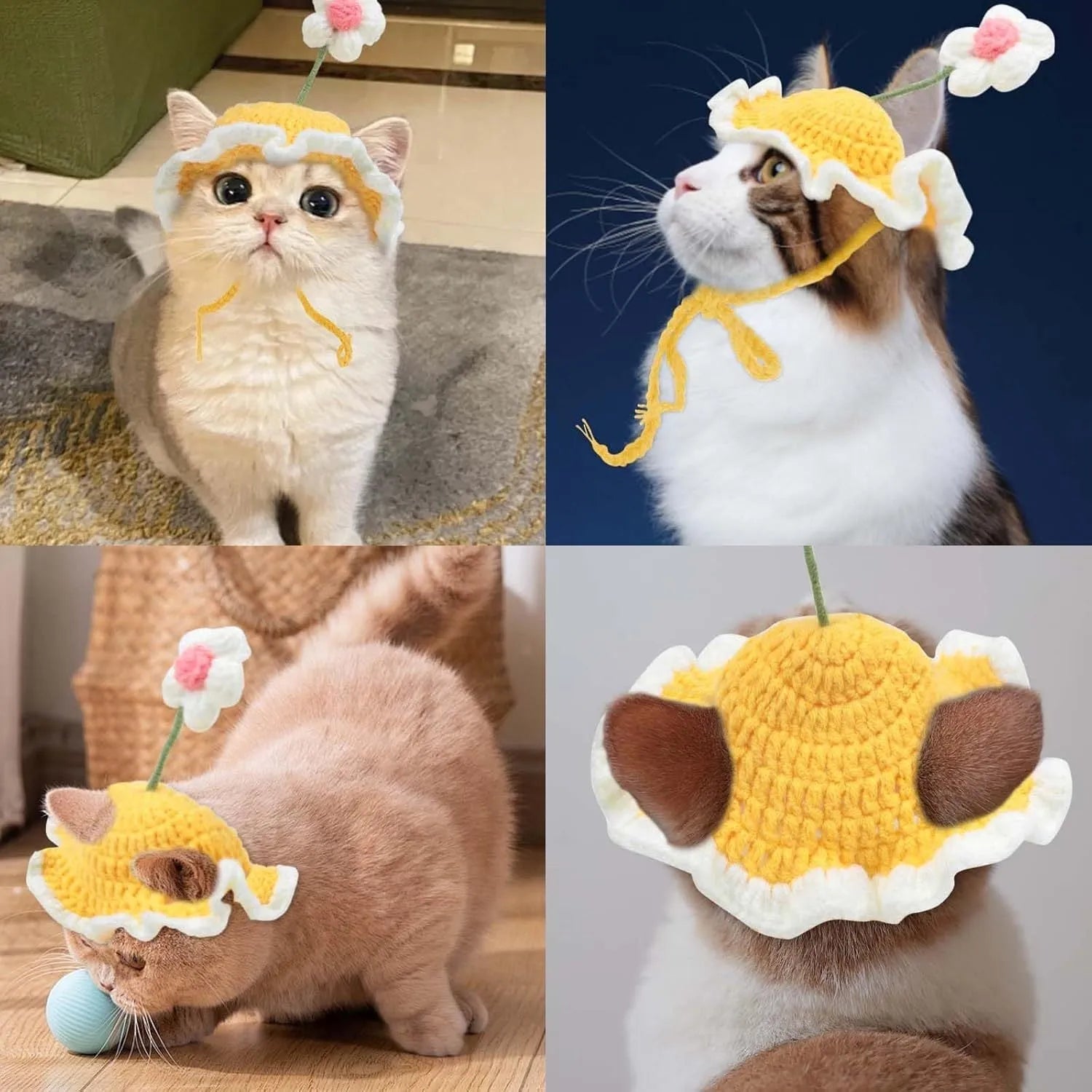 Knitted cartoon cat hat for small pets in green, pink, and yellow colours