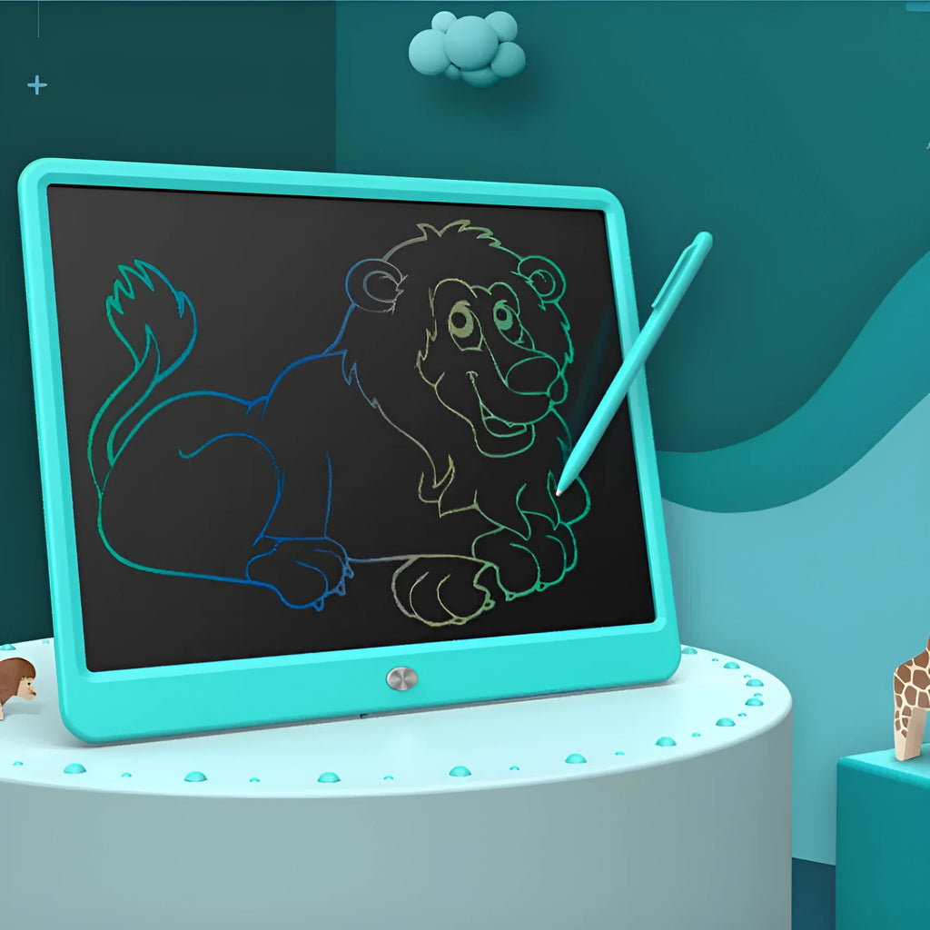 Children's 8.5 inch LCD handwriting board in blue with stylus, on a white background