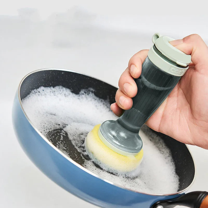 Milk white and mint green pot brush with integrated soap dispenser and replaceable head.