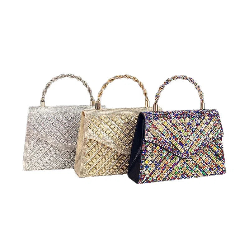 European American retro hard horizontal square crossbody bag with diamond inlay in gold