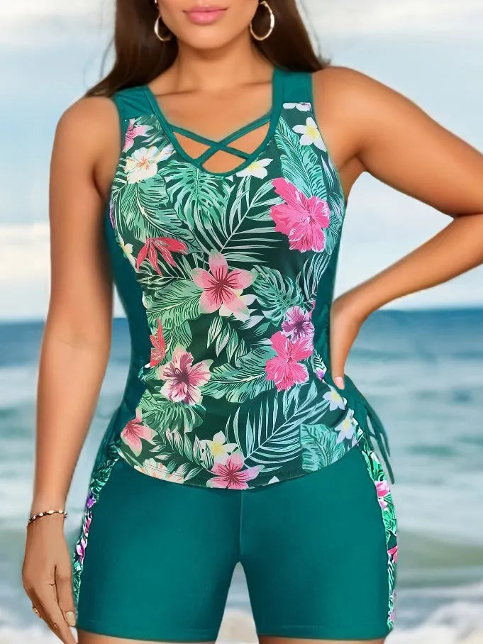Plus size women's floral print swimsuit bikini with high waist briefs and backless design