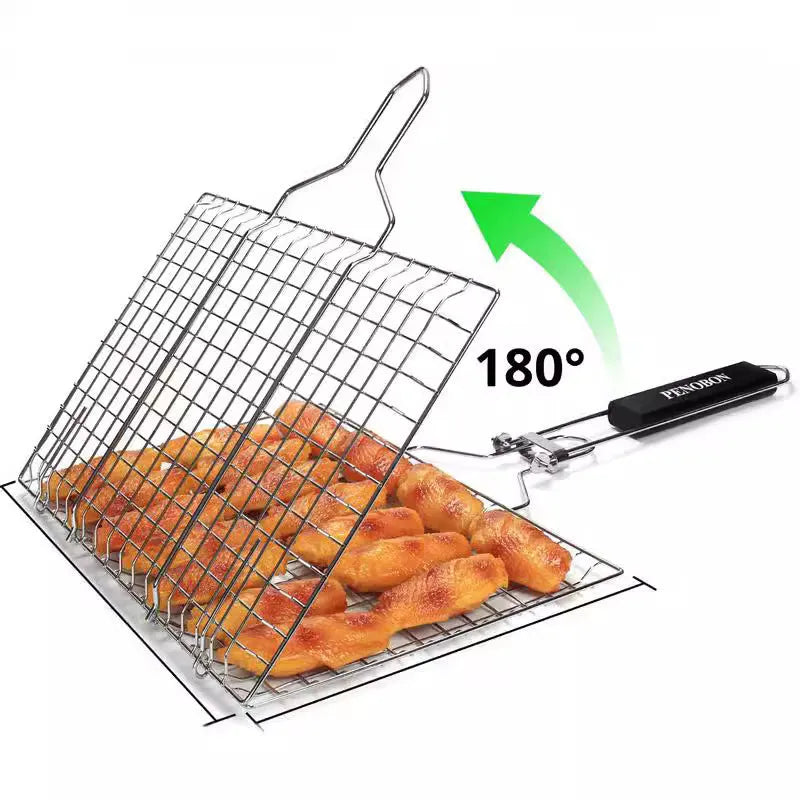 Square stainless steel folding barbecue mesh basket with a cleaning brush.