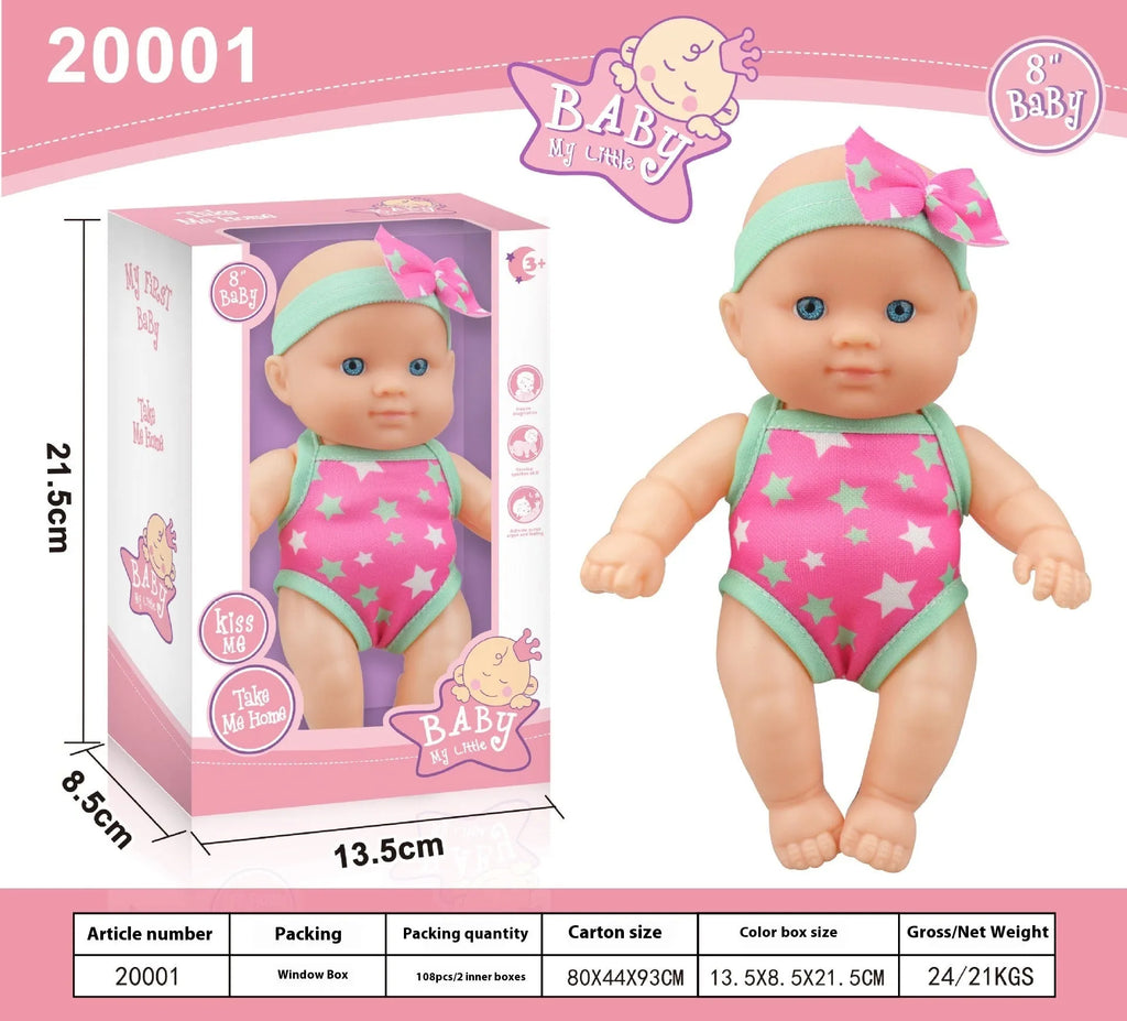 A 21.5cm tall vinyl baby figurine doll, a decorative model available in six different colour options.