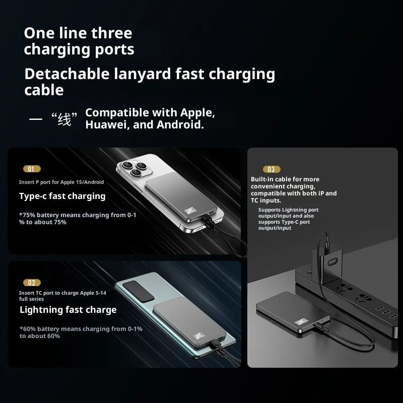 Ultra-thin magnetic power bank with lanyard, alloy shell, and digital display