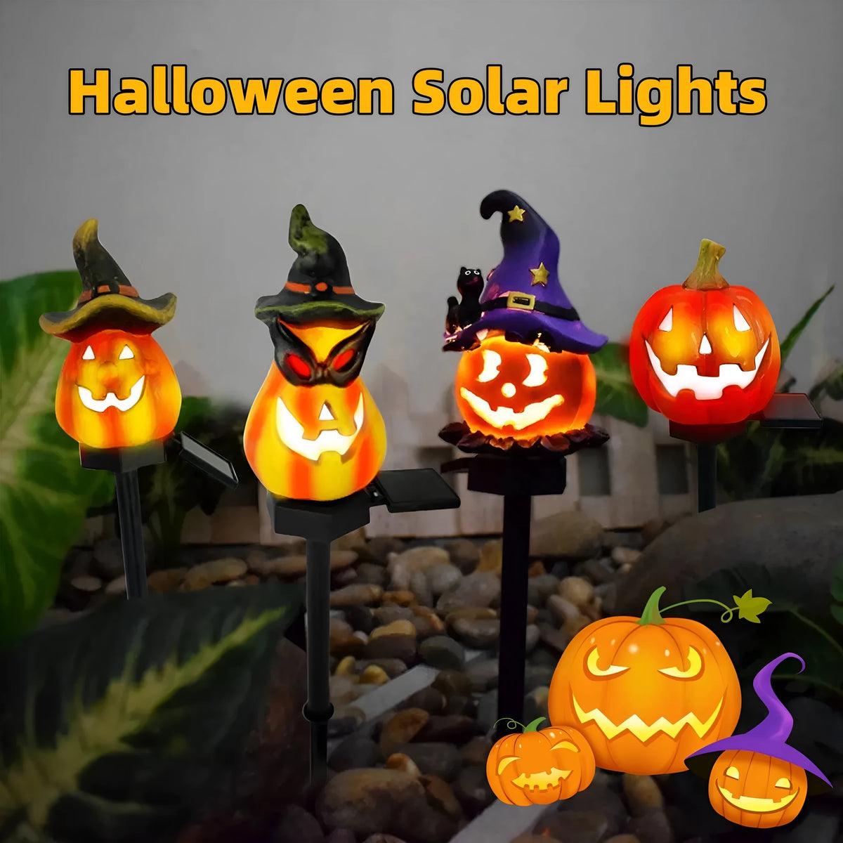 Solar Halloween pumpkin lantern on ground stake, wrought iron outdoor path light with 40x40mm solar panel, IP55 waterproof.