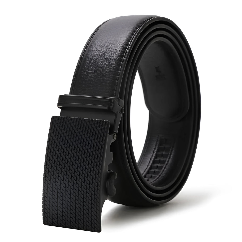 Men's automatic buckle belt in black artificial leather with silver alloy rectangular buckle on white background