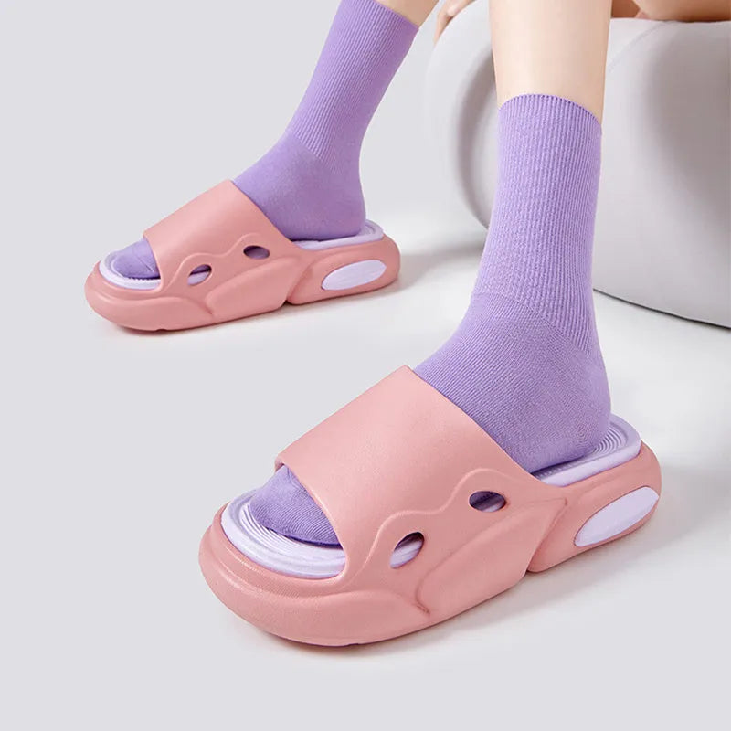 Women's two-colour thick-soled EVA slippers with leather lining in three colour options