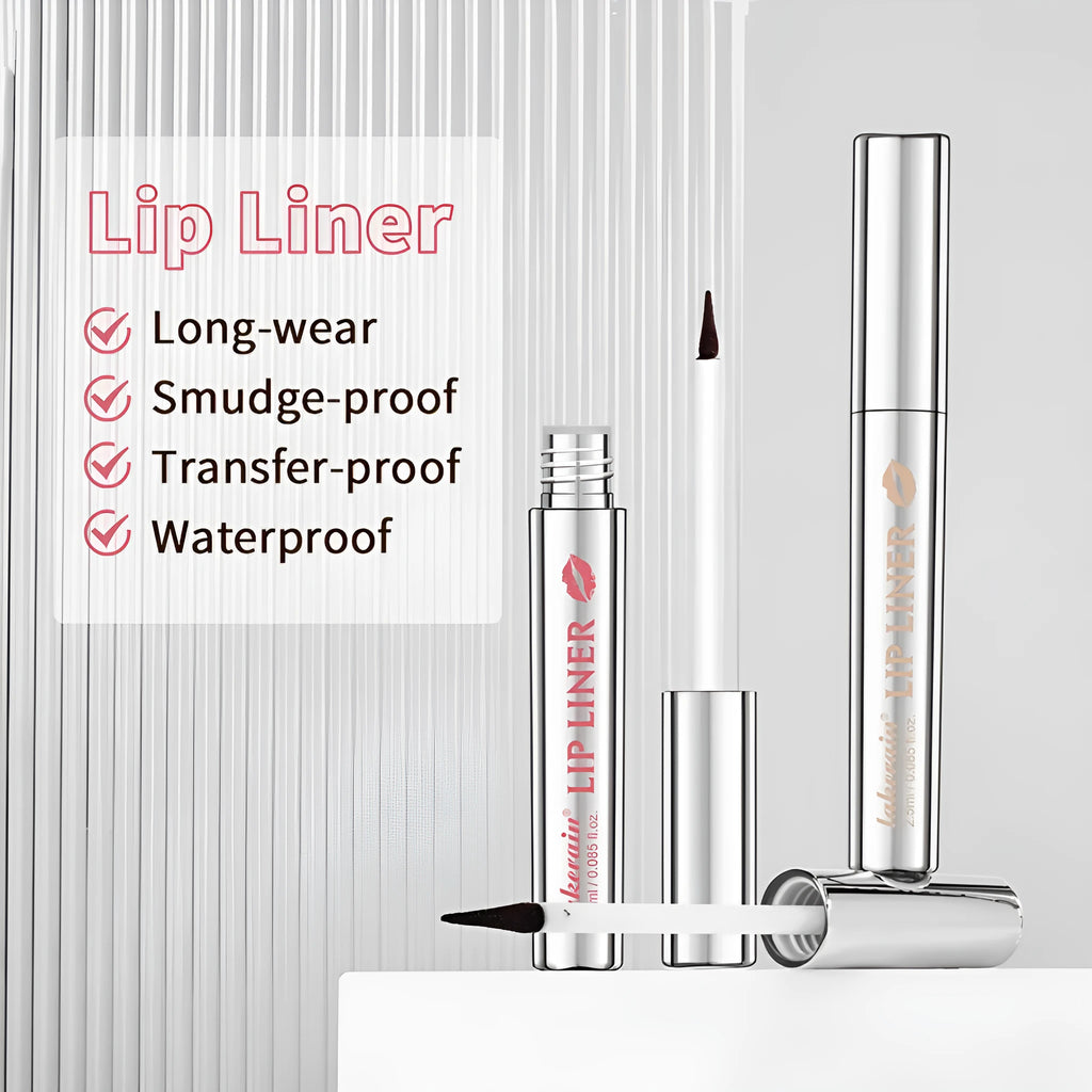 Matte finish lip liner pencil with pointed tip showing Rose Pink, Neutral Mauve, Brown and Cool Cocoa shades