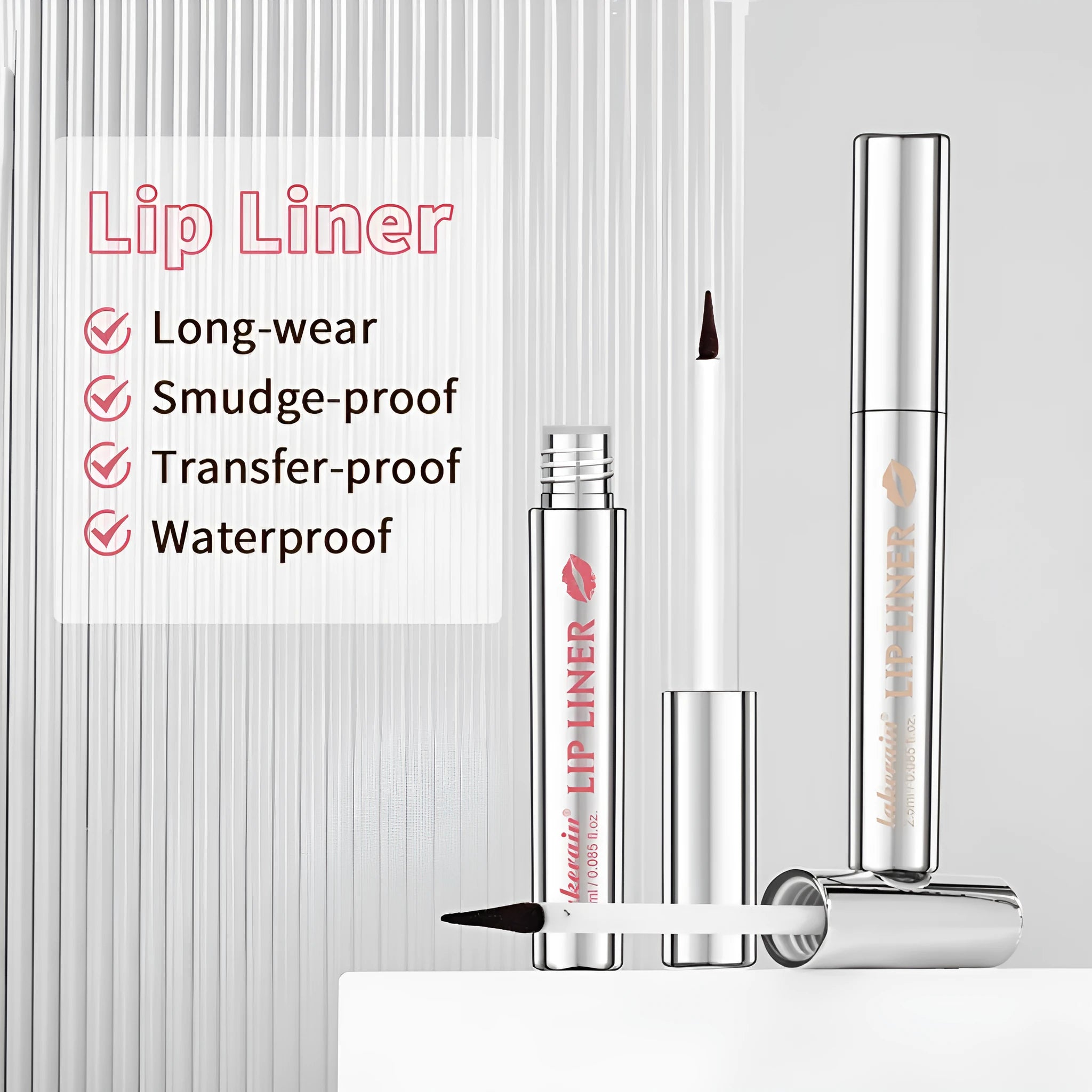 Matte finish lip liner pencil with pointed tip showing Rose Pink, Neutral Mauve, Brown and Cool Cocoa shades