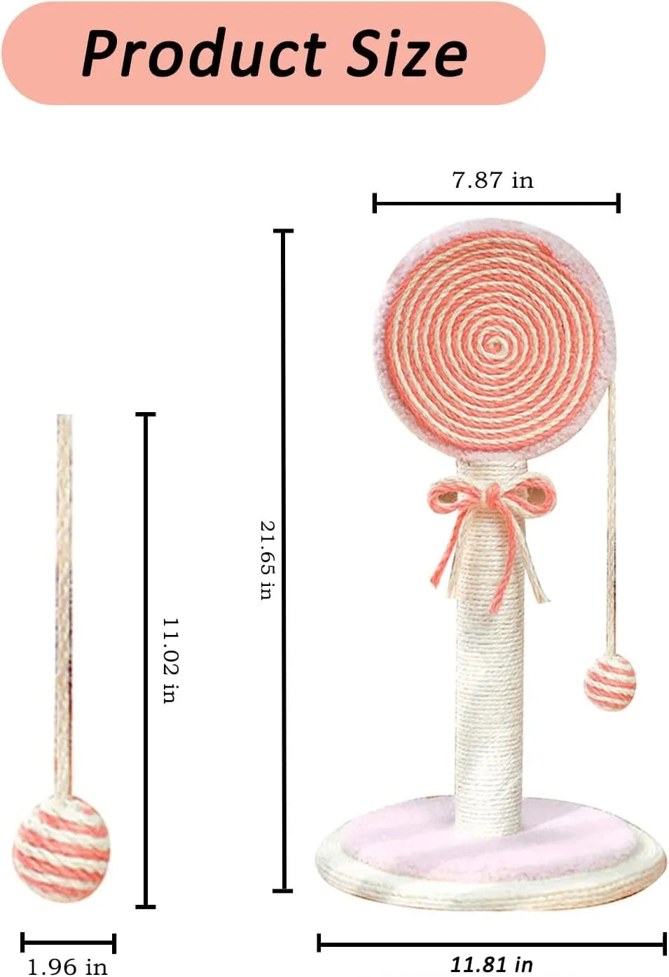 Natural sisal cat scratching post with hanging ball in blue, orange, and pink colour options