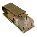 Black MOLLE tactical waist pouch for flashlight and pistol cartridges on a belt