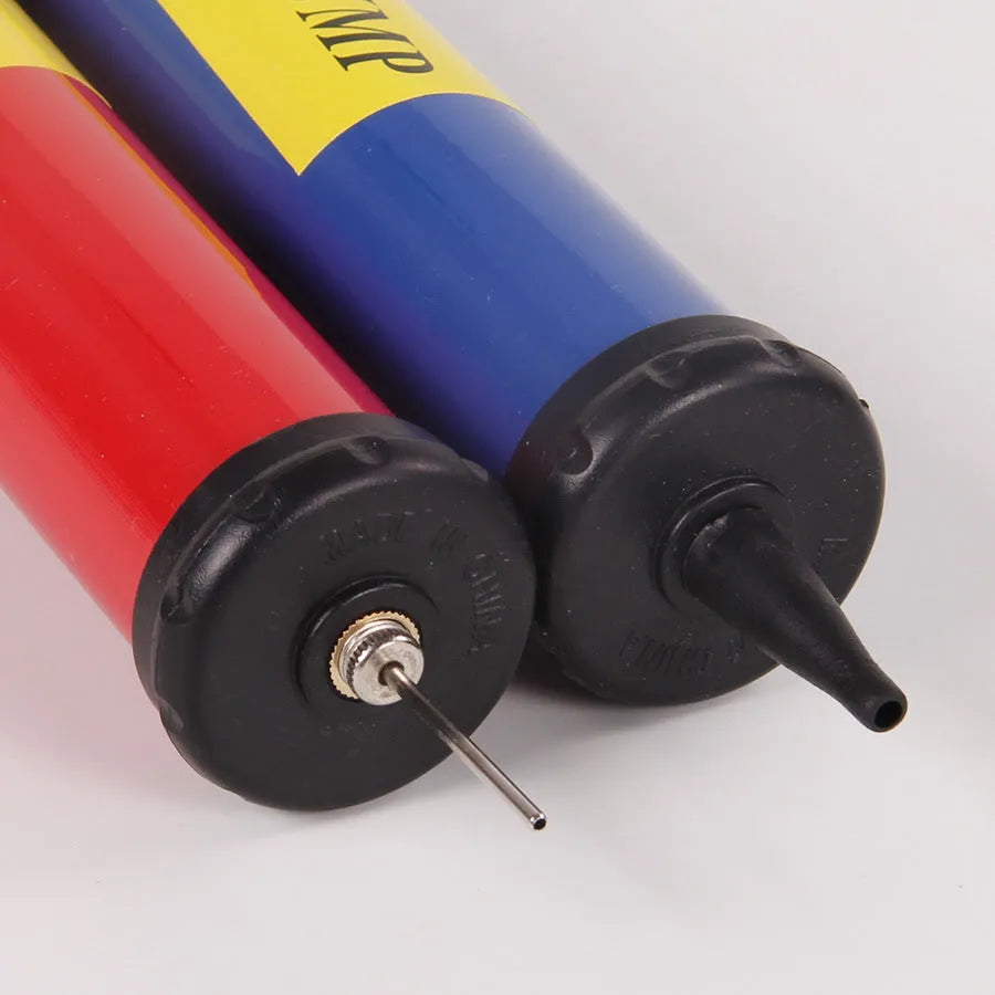 Manual plastic pump for sports balls and balloons in mixed colours with high-pressure charging cylinder