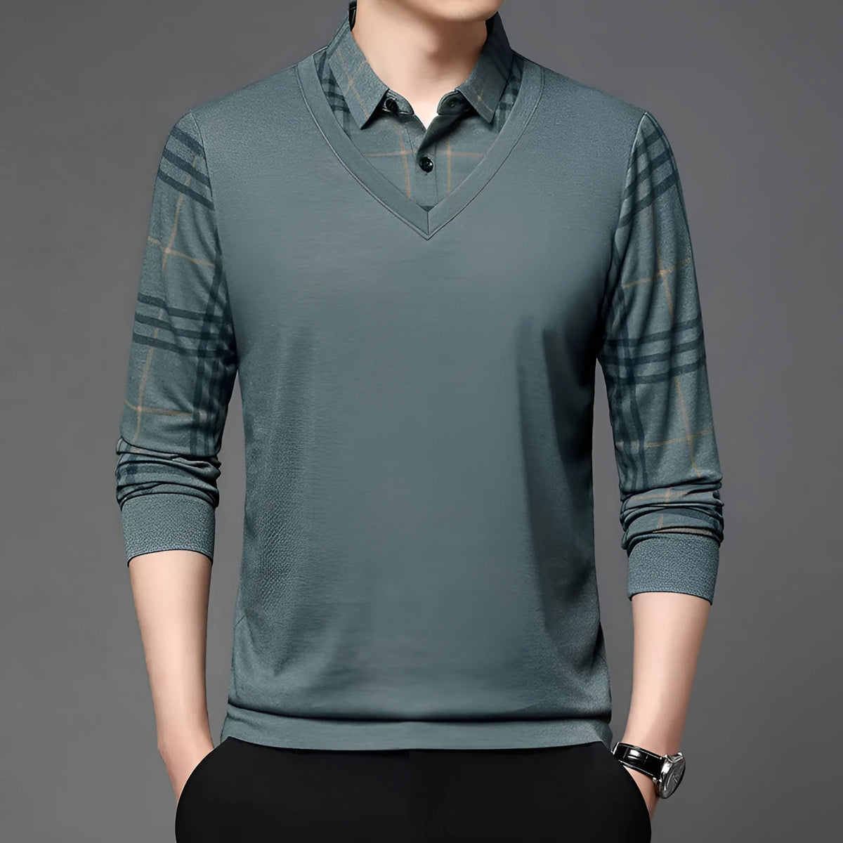 Fake two-piece lapel long-sleeved men's t-shirt in khaki, striped asymmetric design on a model