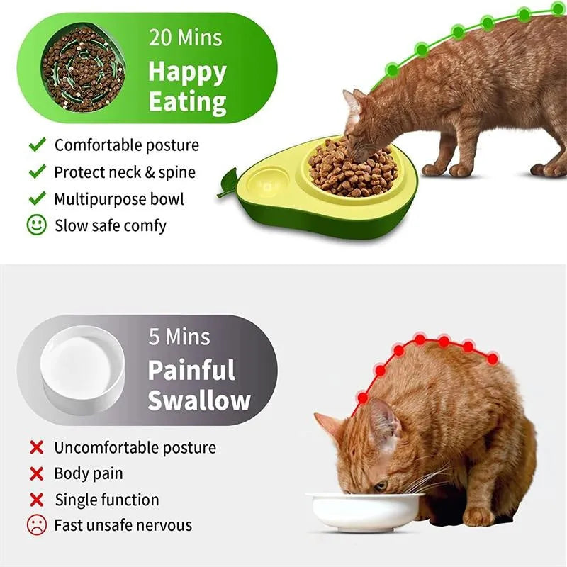 Green avocado-shaped automatic cat water dispenser and food bowl with slow feeder insert