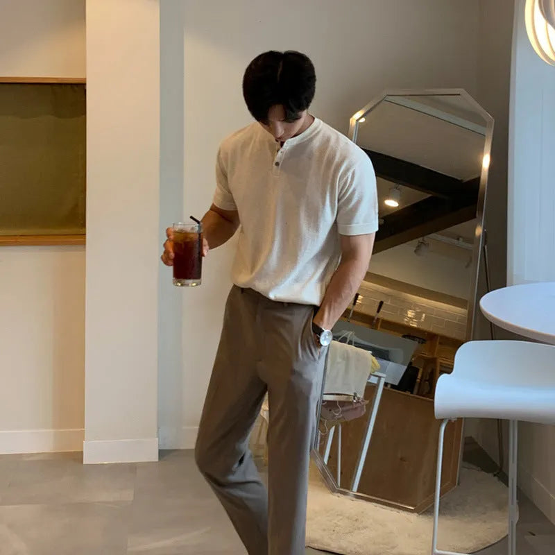 Men's slim-fit short-sleeved ice silk knitted shirt in black, khaki, or white colours