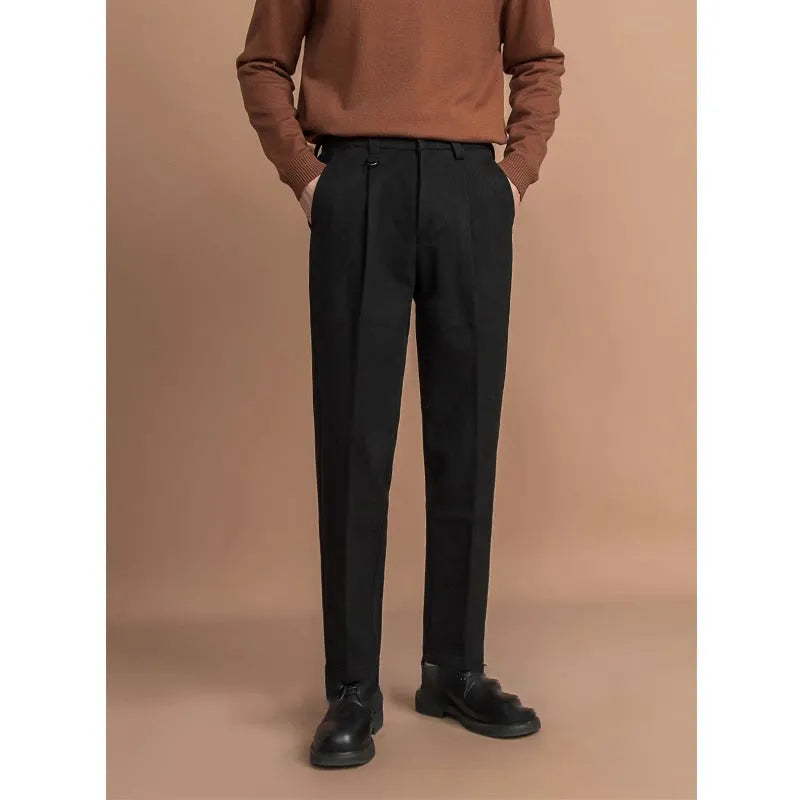 Men's straight cut suit trousers in draped casual design available in four colours
