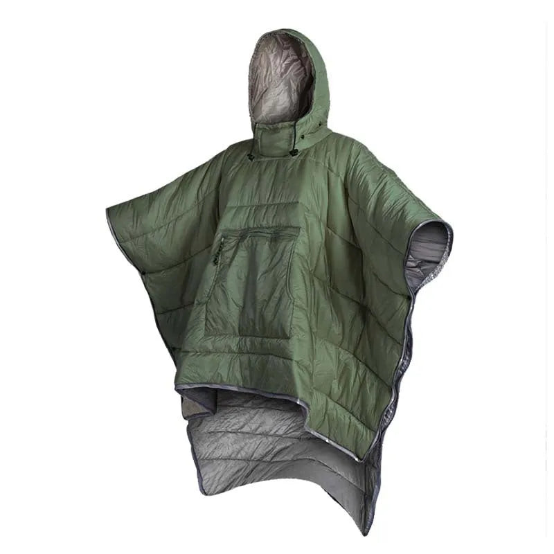 Grey outdoor cloak sleeping bag worn as a cape, showing its large 200x140cm size and hooded design.