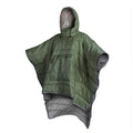Grey outdoor cloak sleeping bag worn as a cape, showing its large 200x140cm size and hooded design.