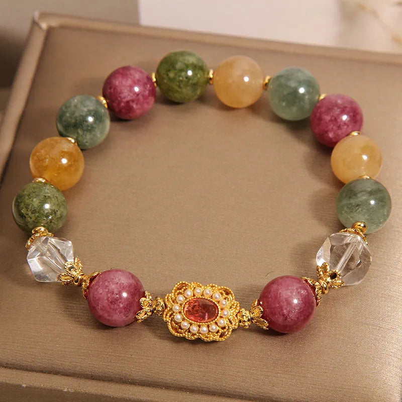Women's jade colour tourmaline alloy bracelet with round beads on pearl crystal base and rhinestone accents