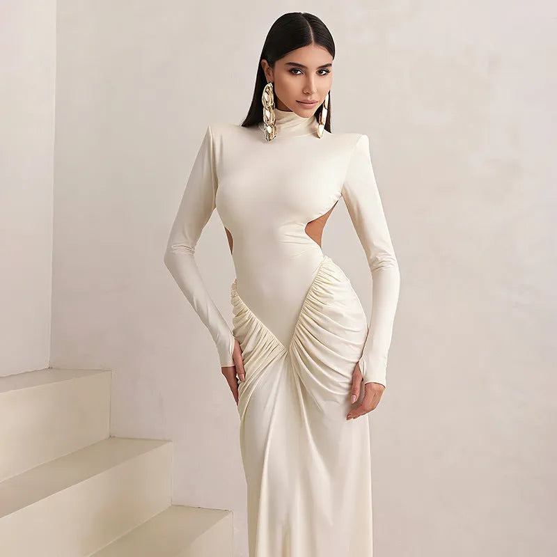 Long sleeve high collar slim fit pleated backless dress in polyester fabric available in four colours