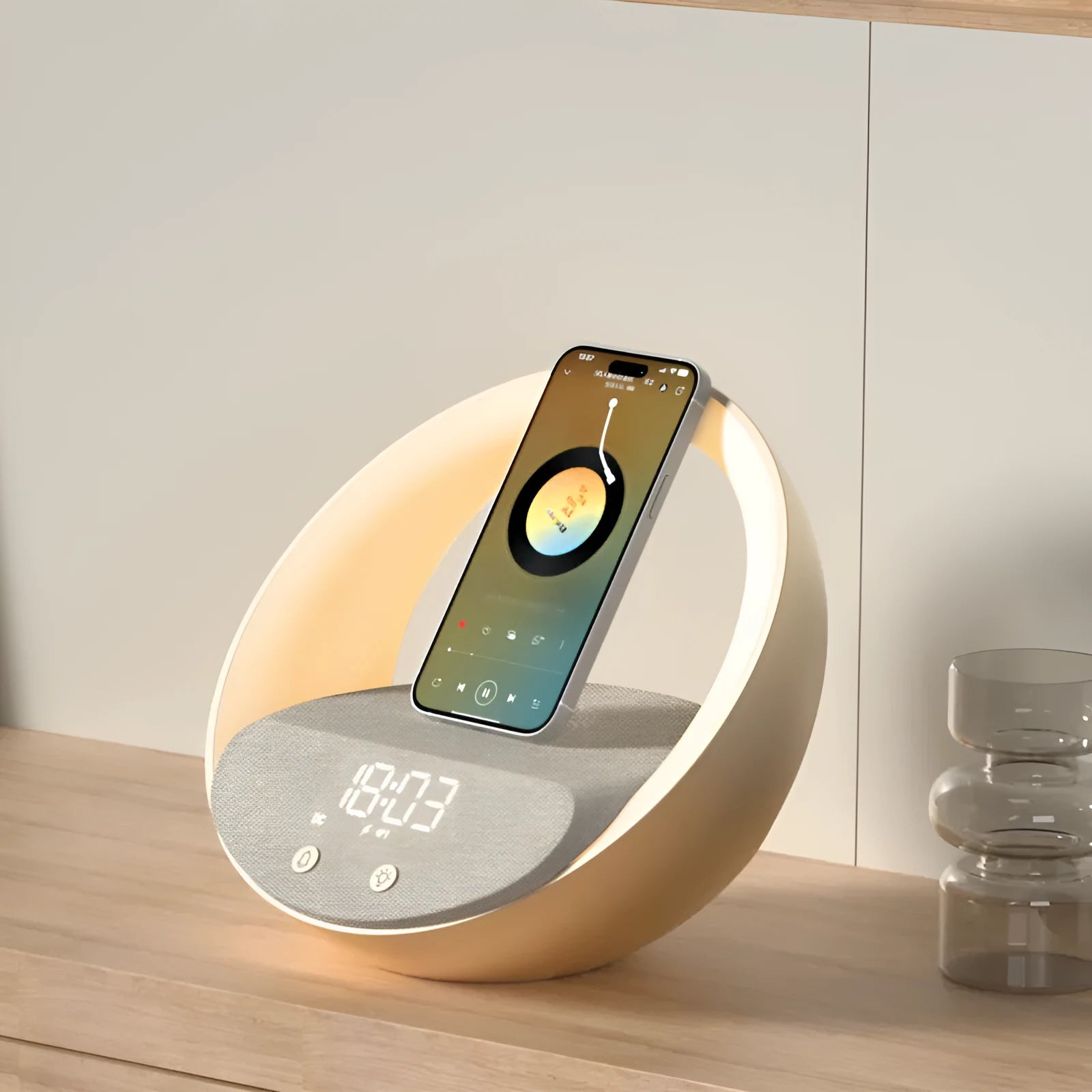 Beige multifunctional Bluetooth speaker with wireless charging pad, LED light, and digital clock display on wooden surface