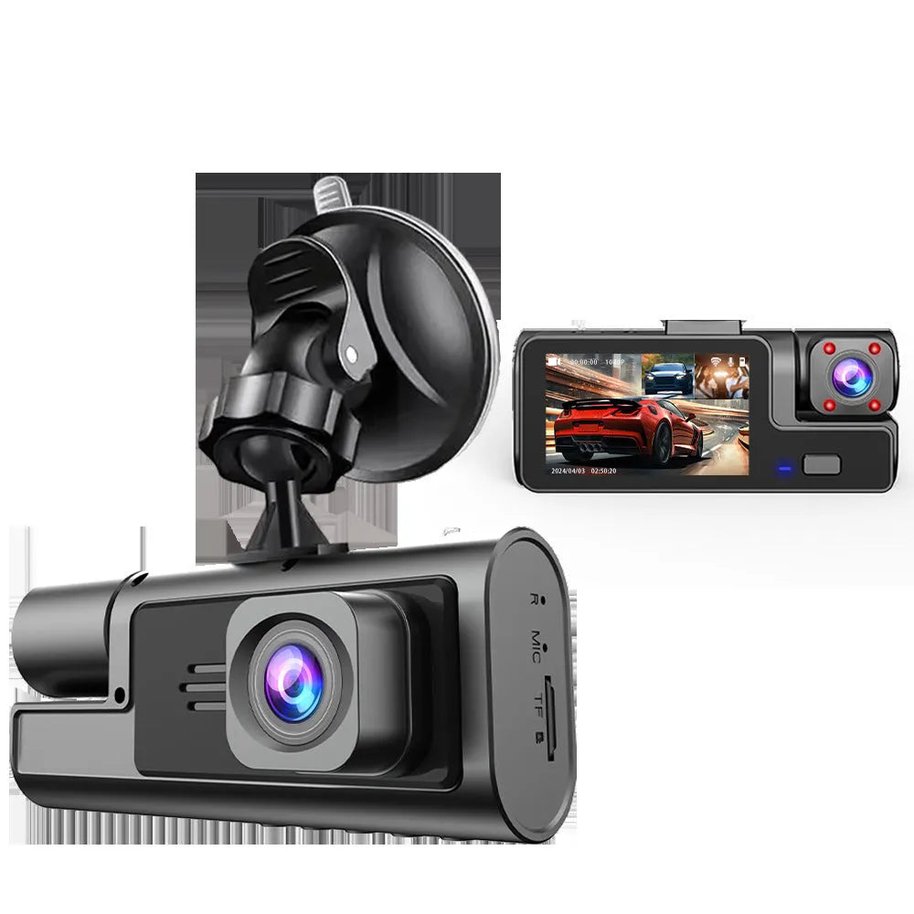 WiFi driving recorder with 2-inch screen on car windscreen showing rear camera view.