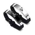 Black silver couple bracelets set with stainless steel crown charm and silicone strap