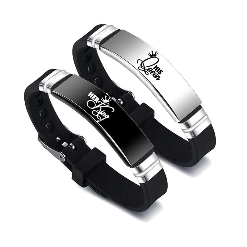 Black silver couple bracelets set with stainless steel crown charm and silicone strap