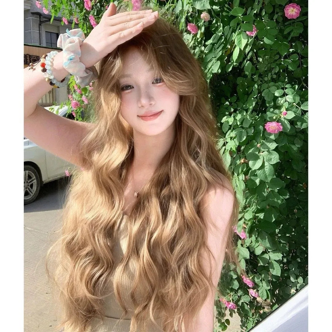 Linen brown curly medium wig with high temperature fibre hair and hair net