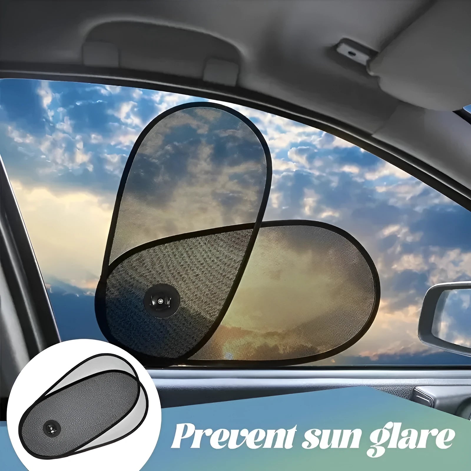 Black stretchy car side window sunshade for baby with suction cups attached to glass.