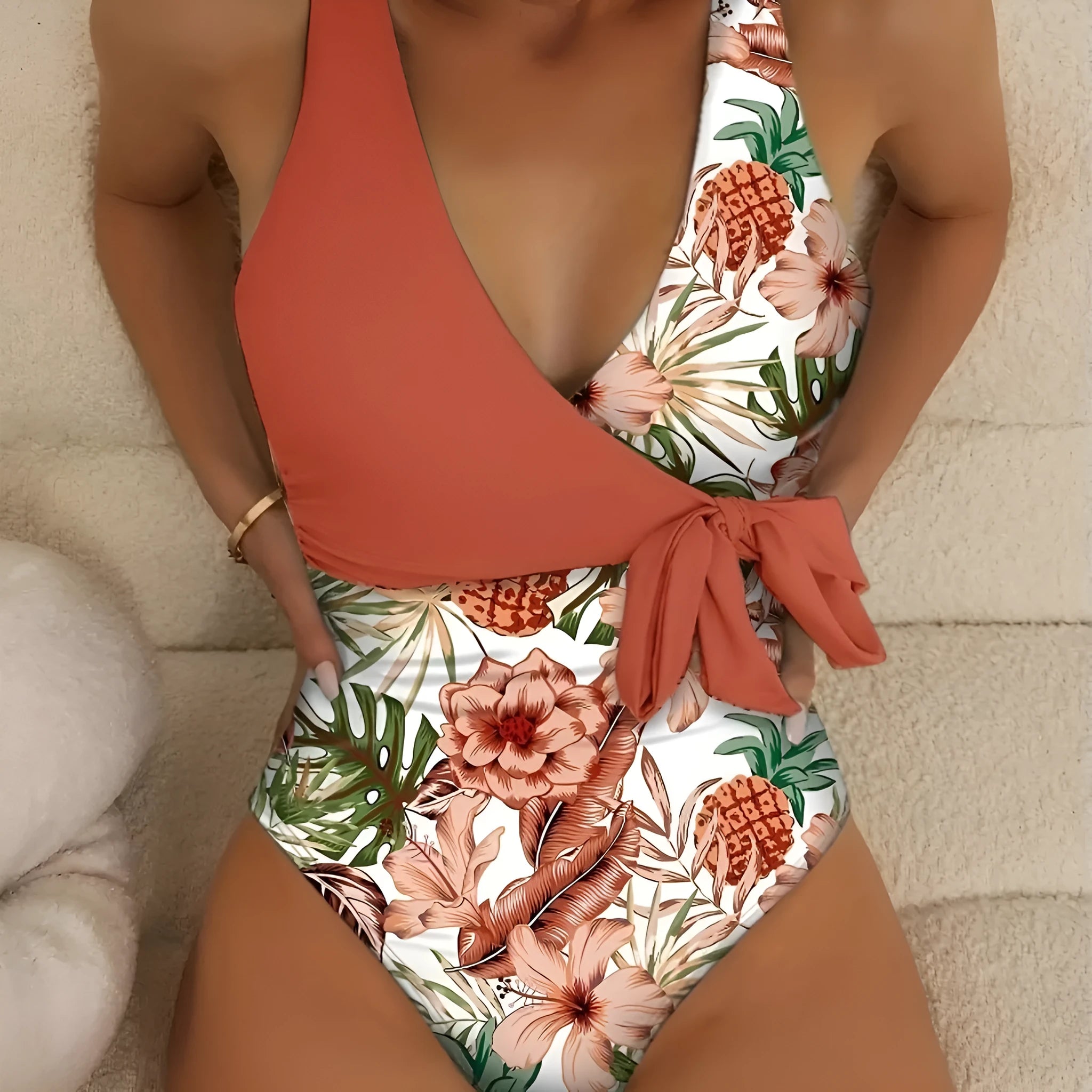 Women's one-piece bikini in European and American tropical plants multicolor print, polyester and spandex, available in S to XL