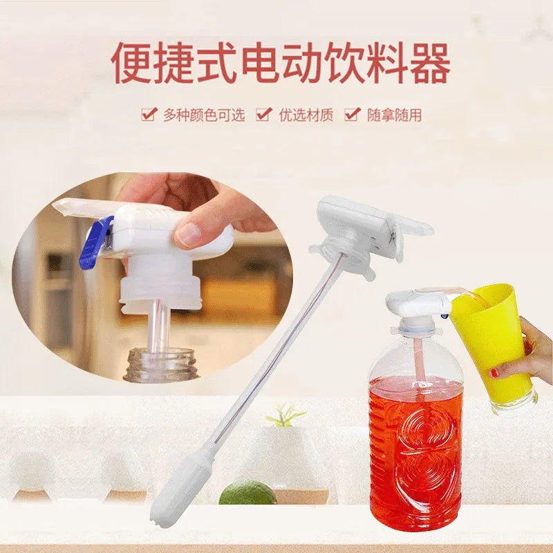 Electric beverage pump with blue silicone straws and a white press handle on a table.