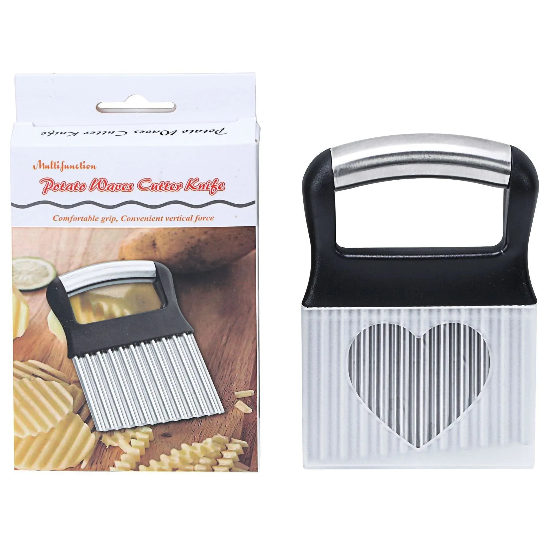 Stainless steel potato wave knife for crinkle cutting vegetables, shown in black or white.