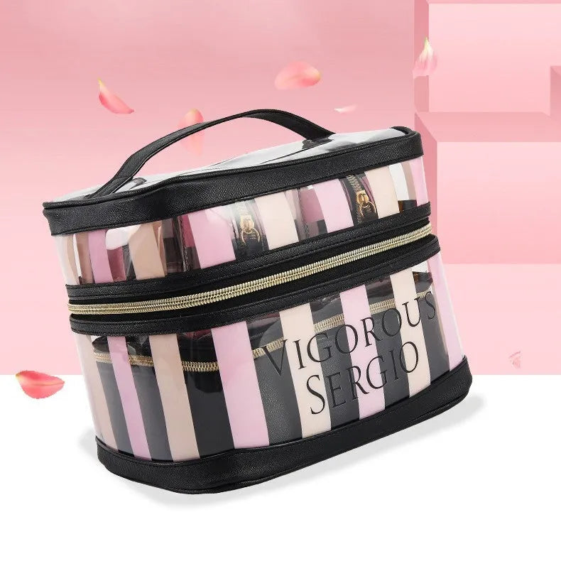 Pink bold stripes floral pattern waterproof synthetic leather foldable makeup bag with nylon lining