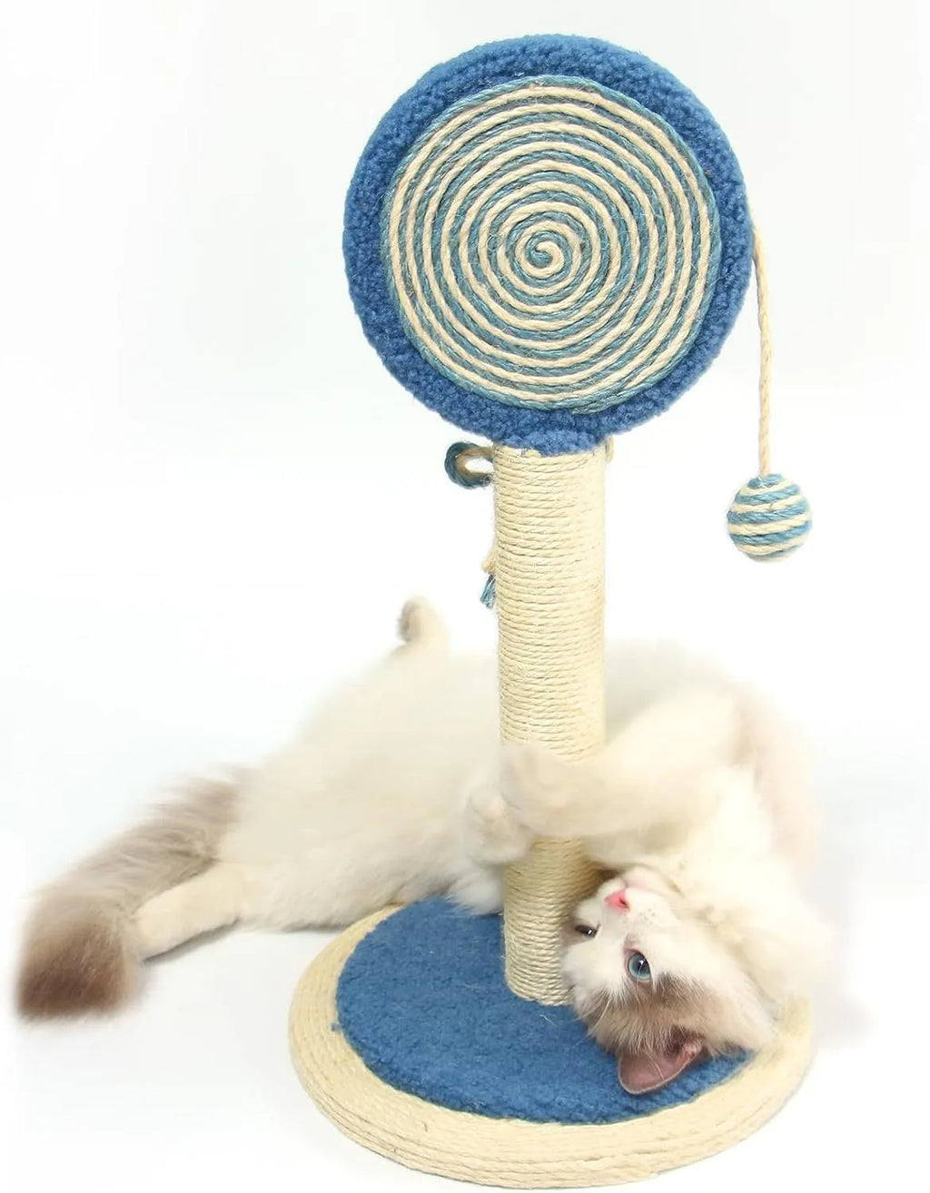 Natural sisal cat scratching post with hanging ball in blue, orange, and pink colour options