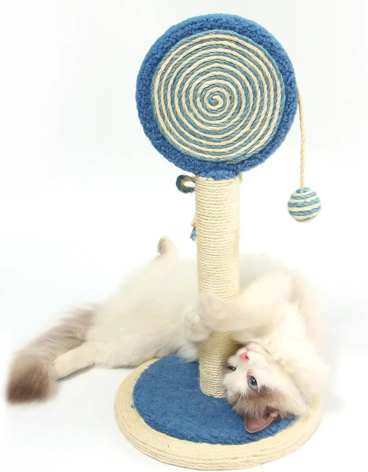 Natural sisal cat scratching post with hanging ball in blue, orange, and pink colour options