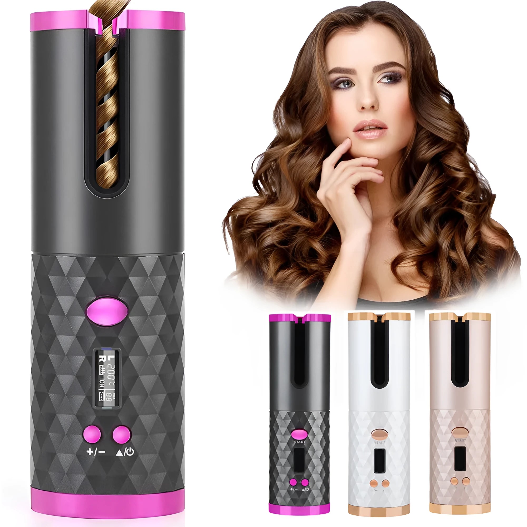 Rechargeable automatic hair curler with LCD display and ceramic rotating barrel in choice of colours