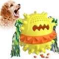 Blue and red TPR rubber dog chew toy with treat dispenser hole and squeaker for aggressive chewers