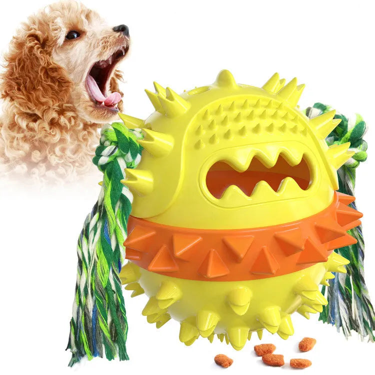 Blue and red TPR rubber dog chew toy with treat dispenser hole and squeaker for aggressive chewers