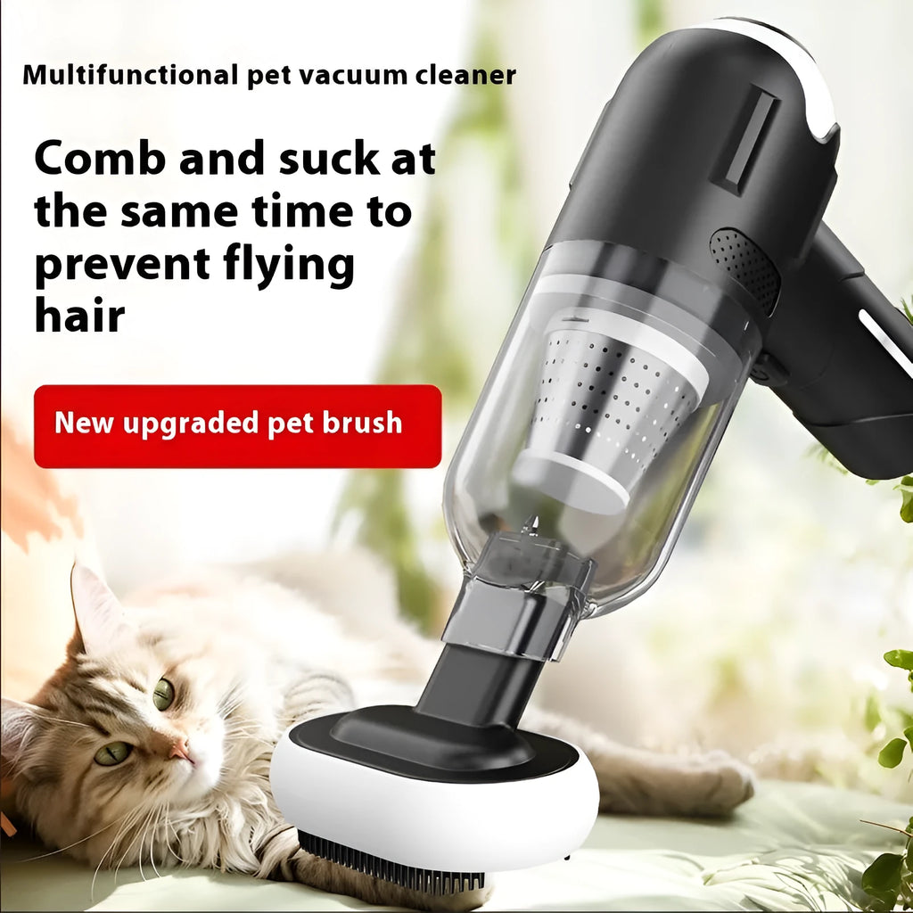 Handheld wireless pet vacuum cleaner with floor brush and nozzle attachments on a grey background