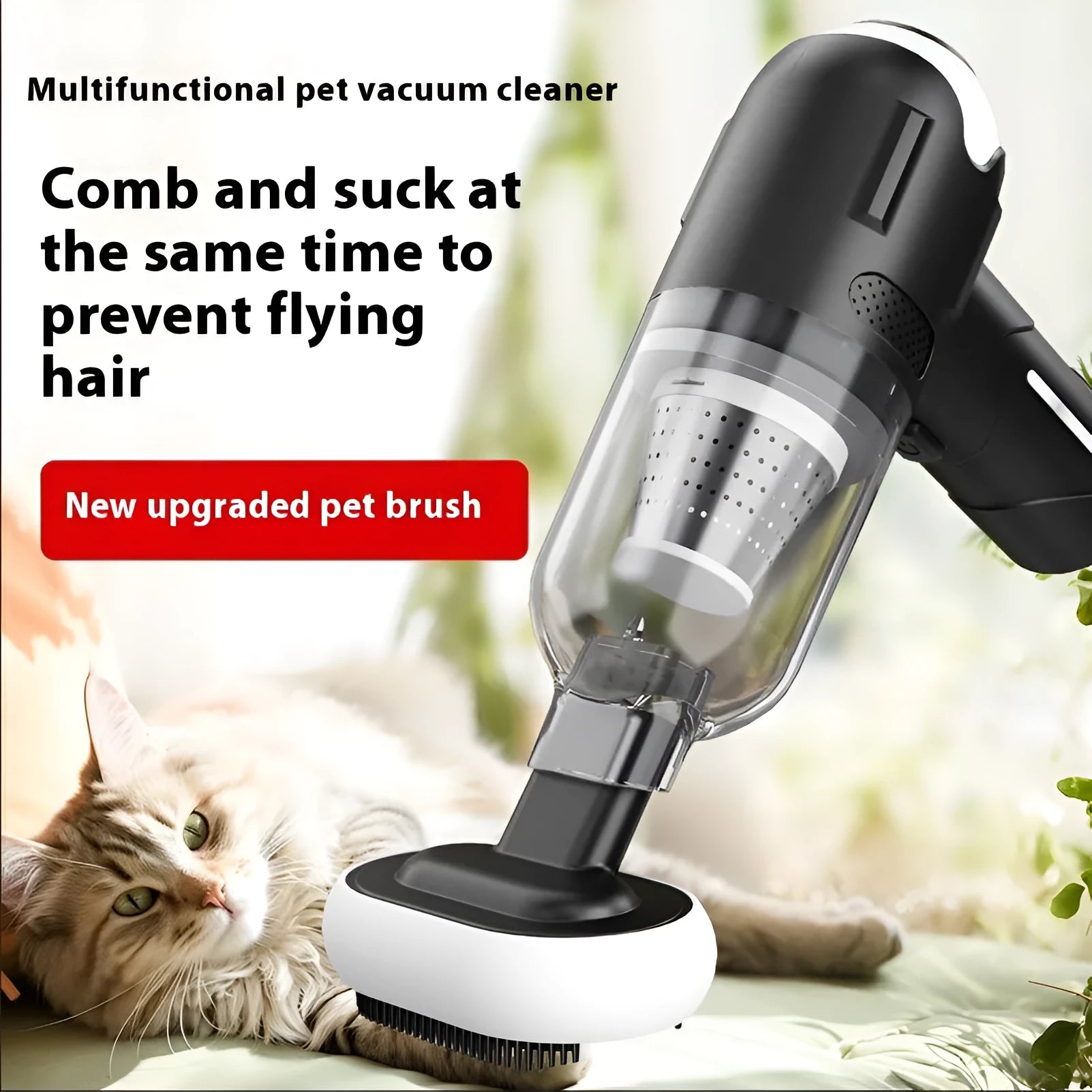 Handheld wireless pet vacuum cleaner with floor brush and nozzle attachments on a grey background